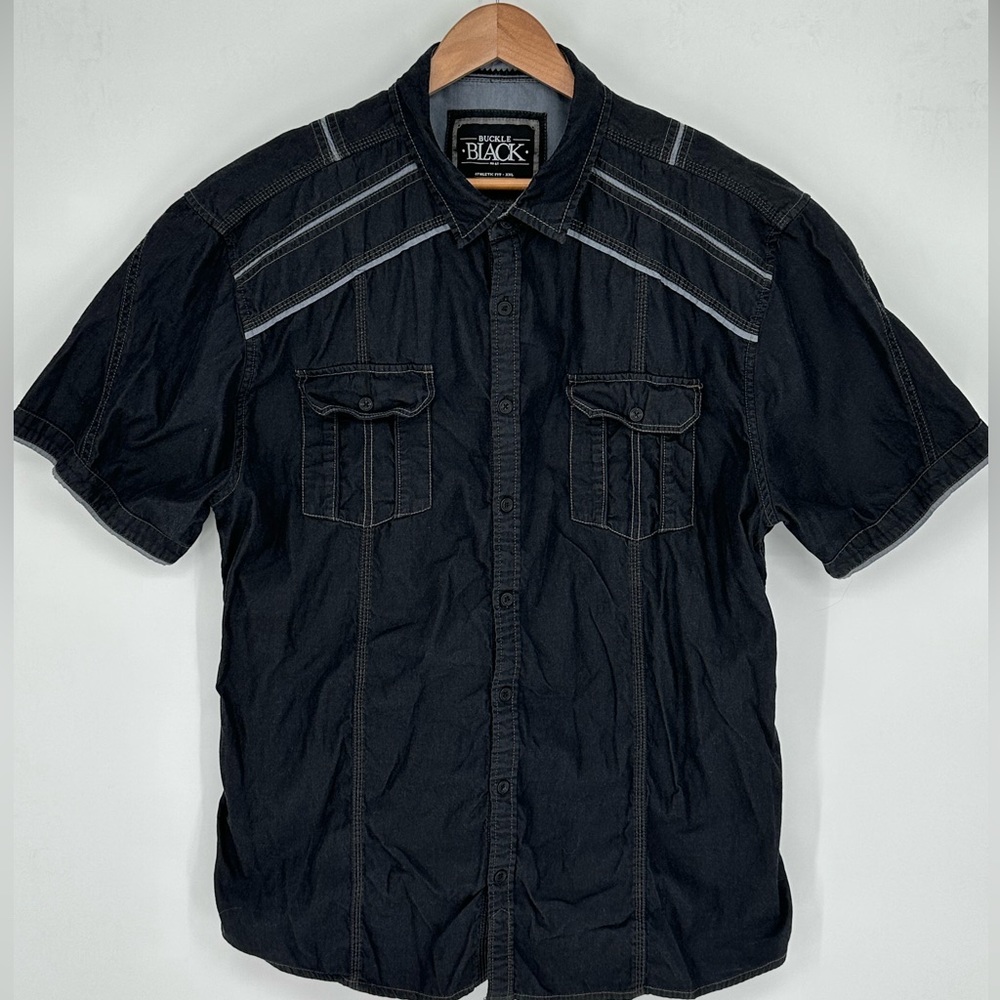 Buckle Black Shirt Mens Sz 2XL Black Button Up Athletic Fit Short Sleeve U0